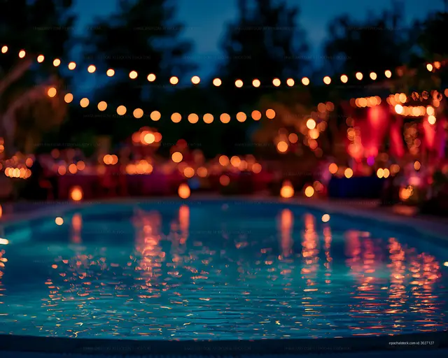 Atmospheric night pool with colorful bokeh light reflections
