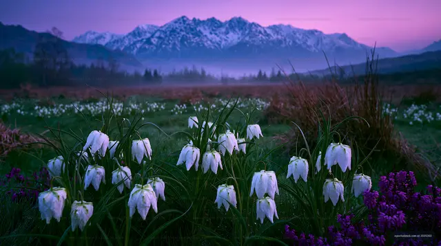 Wildflower meadow with snowy mountain range at dusk