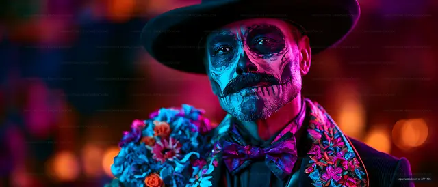 Dramatic neon portrait with skeletal makeup and colorful flowers