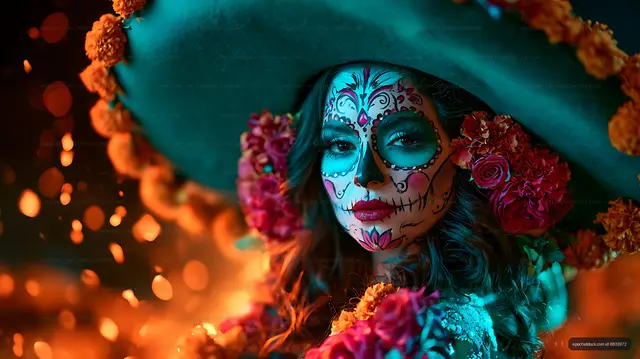 Woman with sugar skull face paint and vibrant floral decorations