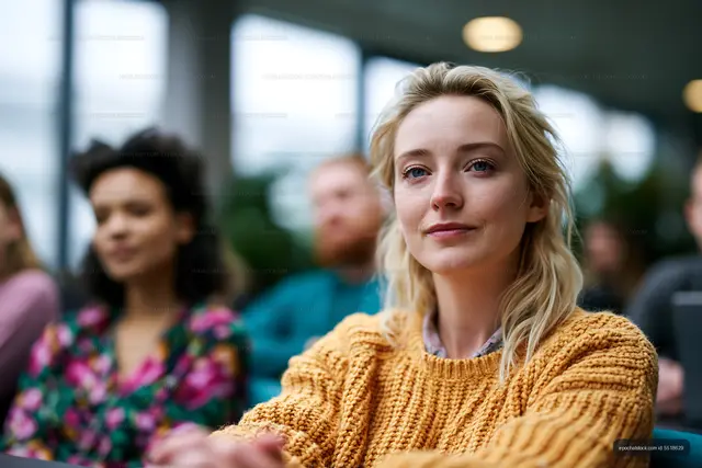 Blonde woman in textured sweater at indoor event