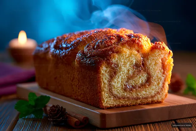 Golden Swirled Loaf Cake Served on a Wooden Board