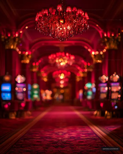 Ornate red hallway illuminated by chandelier and colorful bokeh