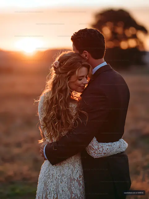 Newlywed couple hugging in a glowing outdoor sunset portrait