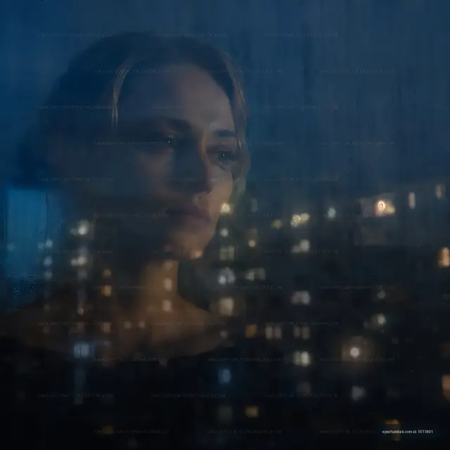 Looking through a rainy window at city lights at night