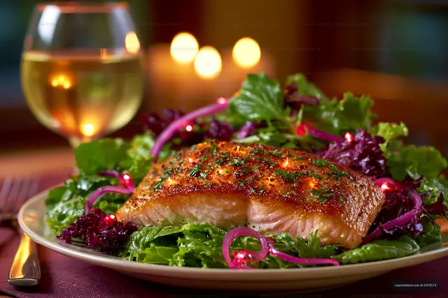 Gourmet salmon fillet served with colorful green salad