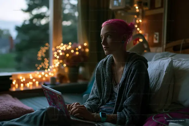 Pink-haired woman using a laptop on a bed