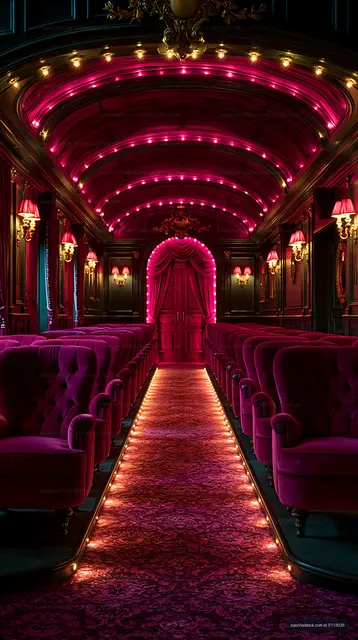 Empty ornate auditorium glowing with magenta lights