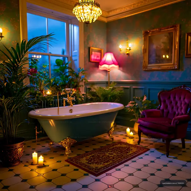 Moody luxury bathroom with freestanding tub and velvet armchair