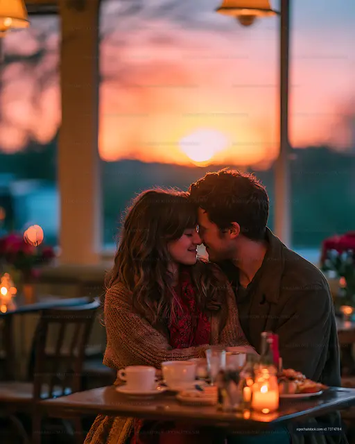 Couple sharing a tender moment over dinner at sunset