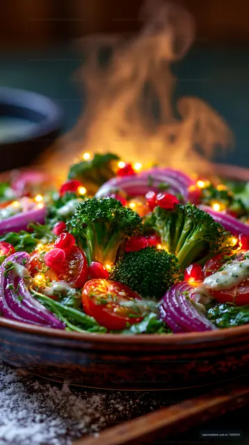 Broccoli salad with tomatoes, pomegranate, and festive lights