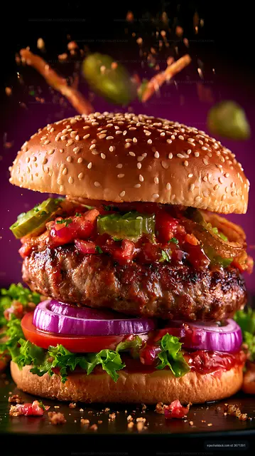 Gourmet hamburger with sesame bun and fresh layered toppings