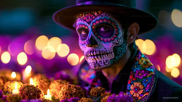 Vivid portrait with skull face paint, marigolds, and candlelight