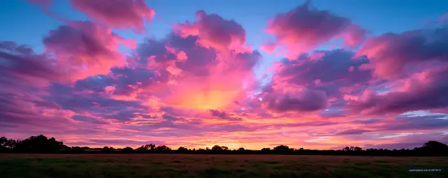 Pink and orange sunset sky over a silhouetted landscape