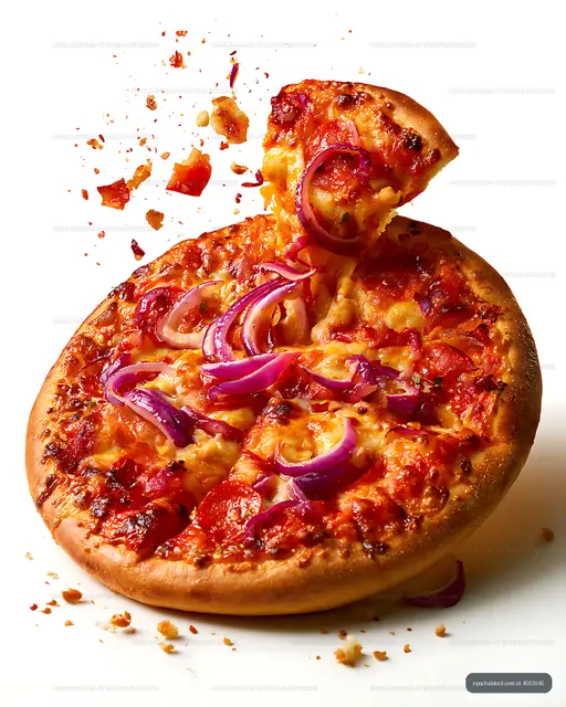 Gourmet vegetable pizza with a floating slice and melted cheese