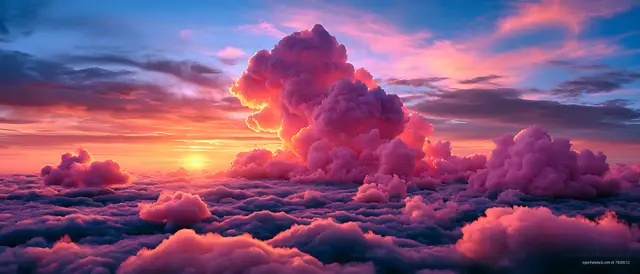 Towering pink cloud formations at sunset