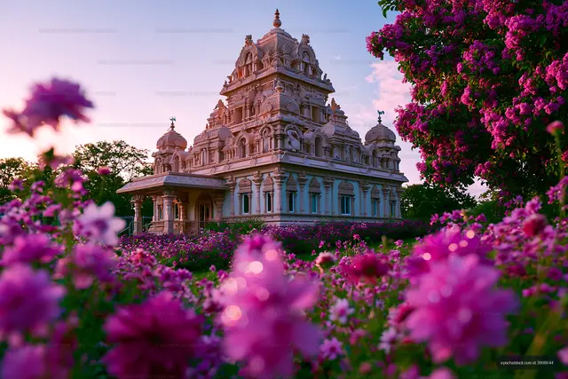 Temple and vibrant pink flower garden at dusk