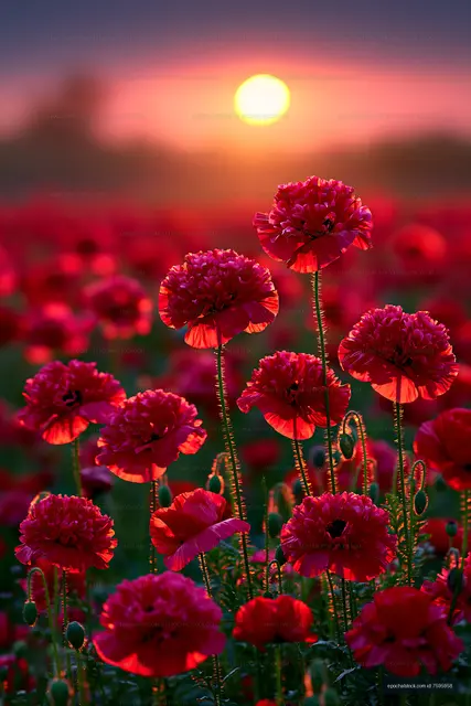 Bright red poppies during sunset in a flower field
