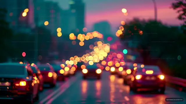 Traffic at night with bokeh lights in a city