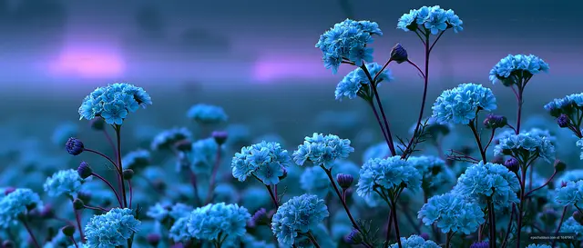 Blue flowers in a field during twilight