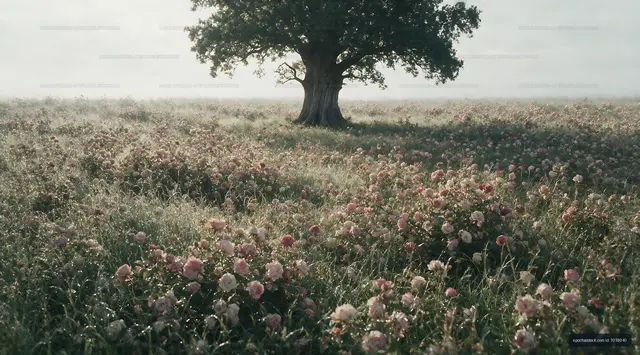 Blooming flowers in open field with large tree at sunrise