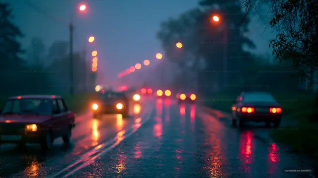 Night scene of cars driving on a wet road during rain