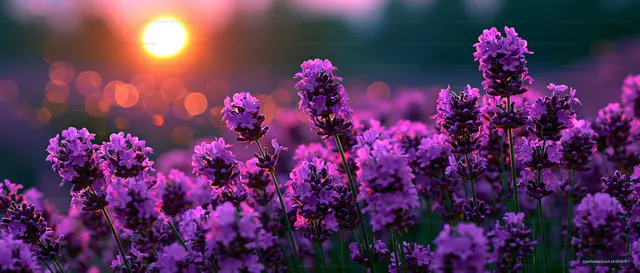 Lavender field at sunset with blooming flowers