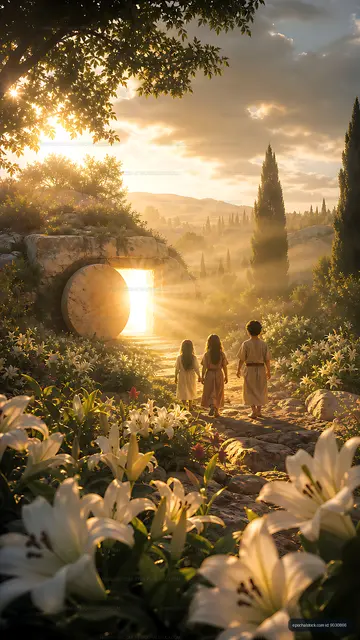 Children walking towards an open stone tomb in a rural setting