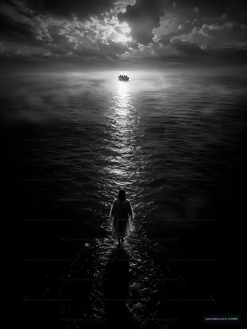 Figure walking on water towards distant boat in twilight