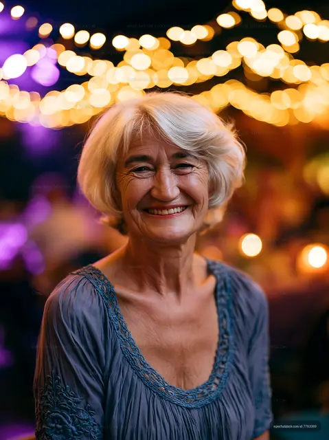 Smiling elderly woman in a colorful setting with string lights