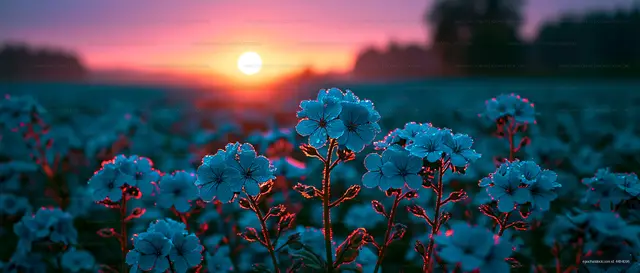 Colorful flowers bloom at sunset in a field