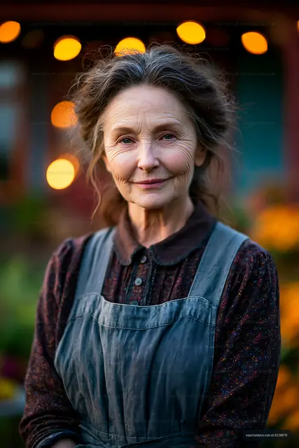 Elderly woman smiles in garden with lights in background