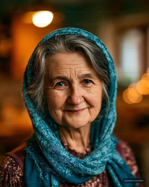Woman with a blue scarf smiling in a cozy indoor setting