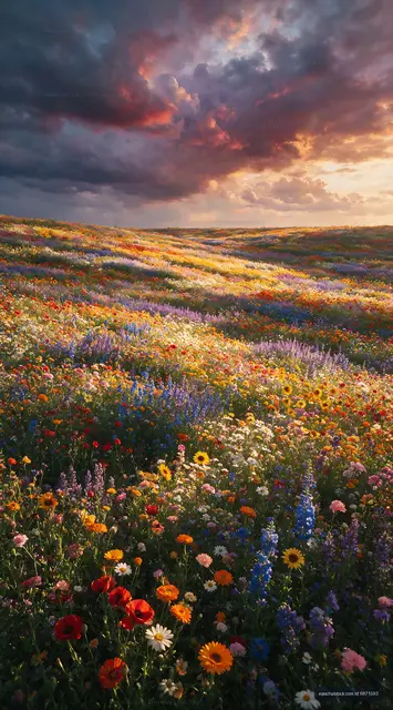 Colorful wildflower field under a dramatic sky during sunset