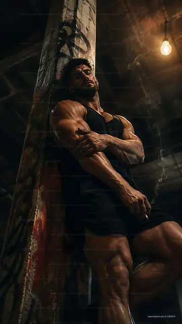 Muscular man posing in an industrial gym setting