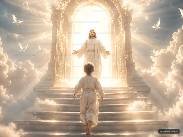 Child approaches figure in bright light at the top of stairs
